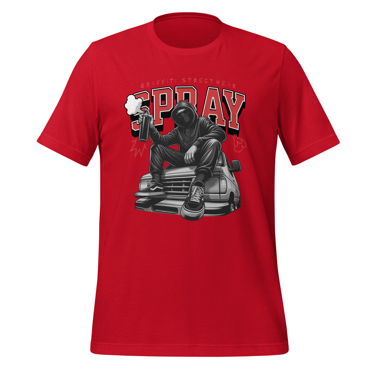 Red graphic T-shirt with streetwear 'SPRAY' print, short sleeves, crew neck.