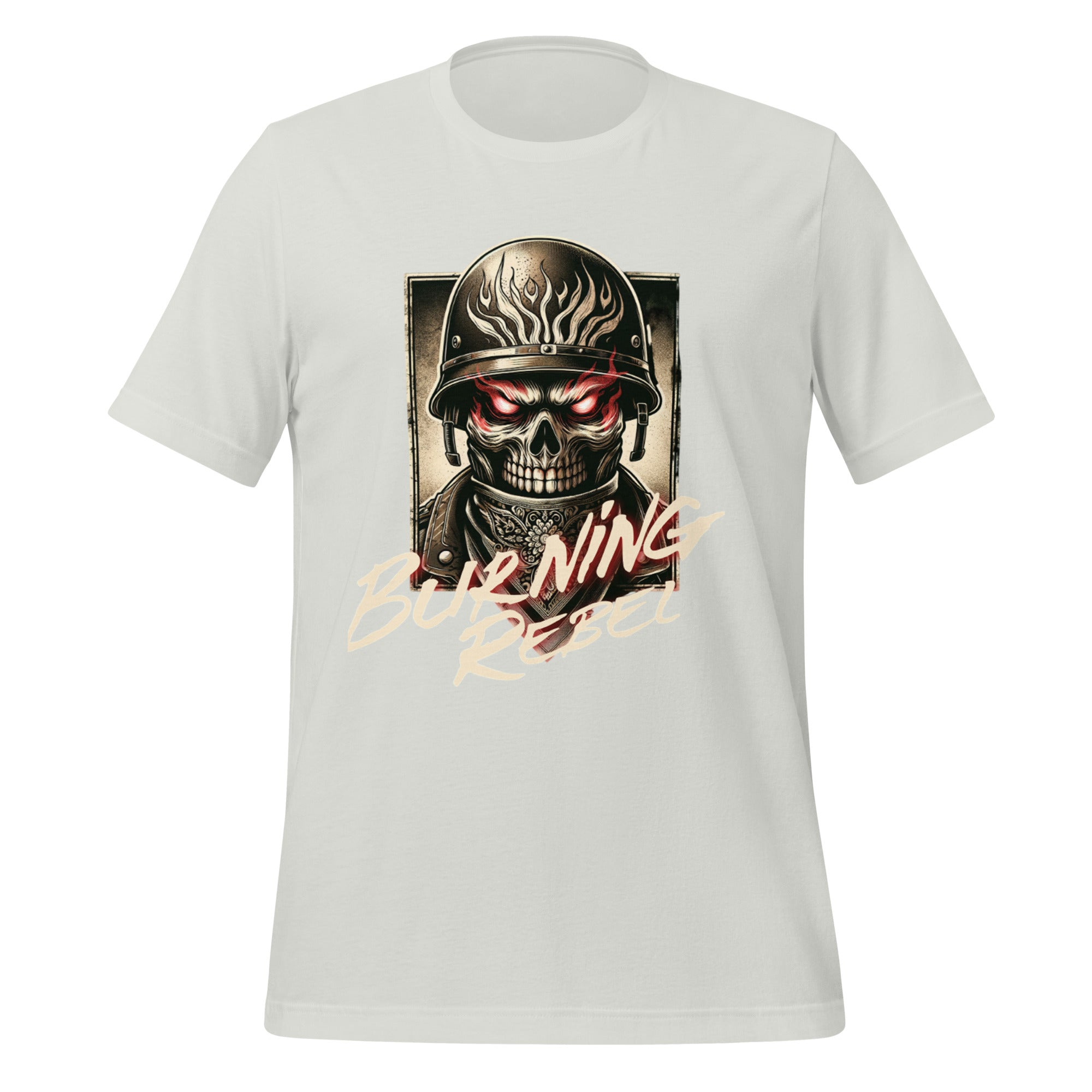 White men's graphic t-shirt with skull helmet and 'Burning Rebel' front print