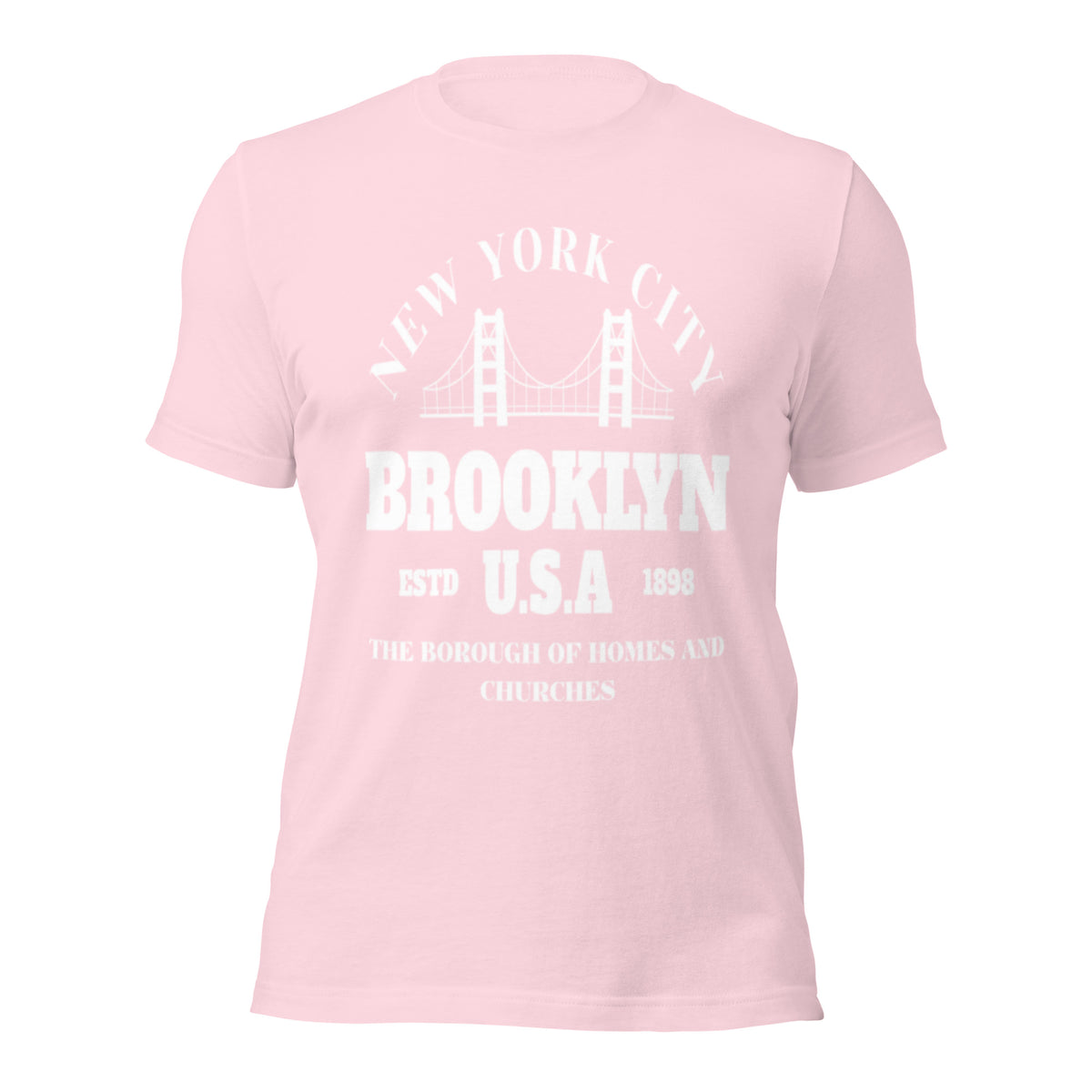 Soft pink women's graphic T-shirt with large Brooklyn U.S.A back print, short sleeves