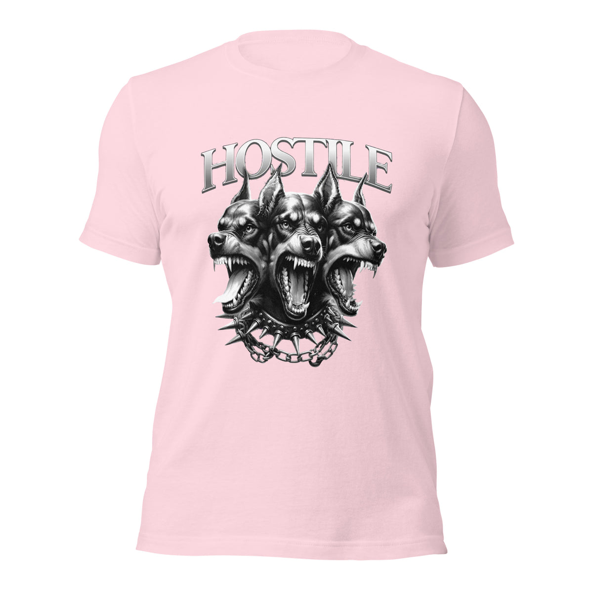 Women’s light pink graphic tee with black hostile dog head graphic and crew neck