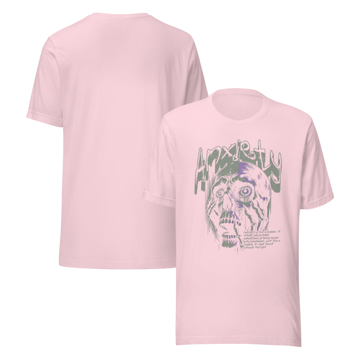 Women’s pink anxiety graphic T-shirt with dog/skull face print, front and back views
