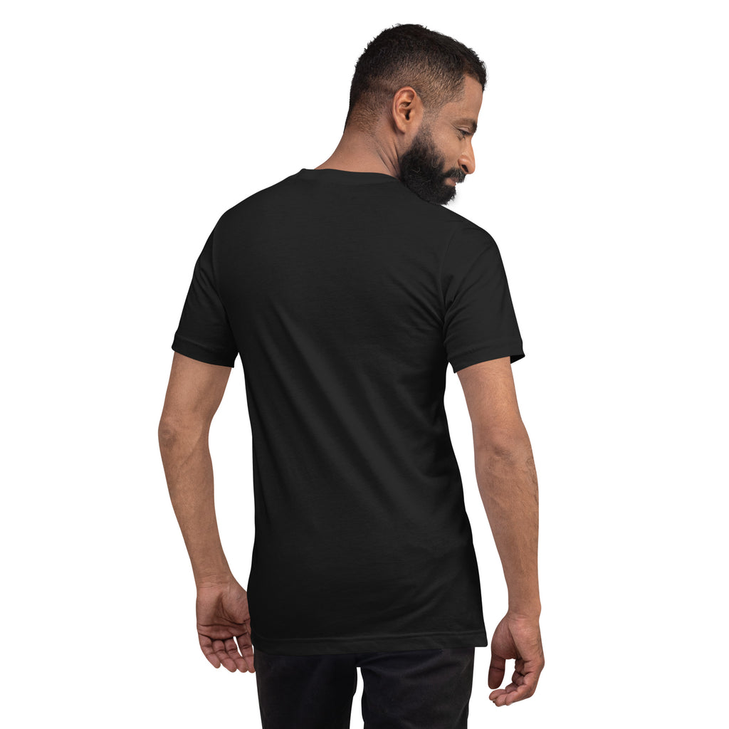 Black tee back view on a male model, plain fabric with no visible print