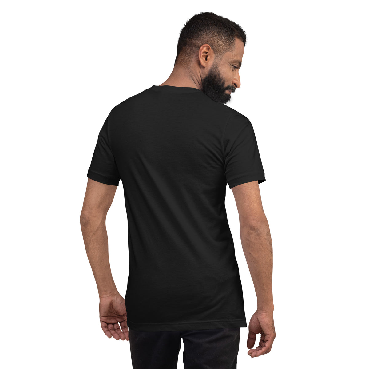 Black tee back view on a male model, plain fabric with no visible print