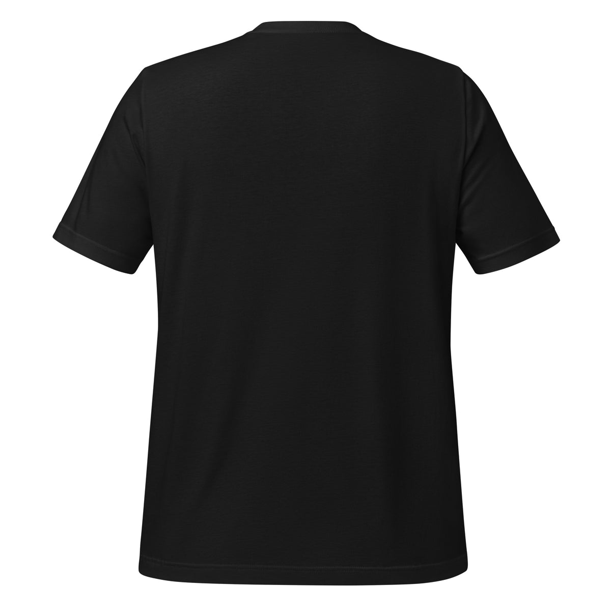 Black tee back view, plain fabric with no visible front graphic