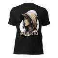 Women's black graphic tee with hooded portrait print and URBANSTYLE text