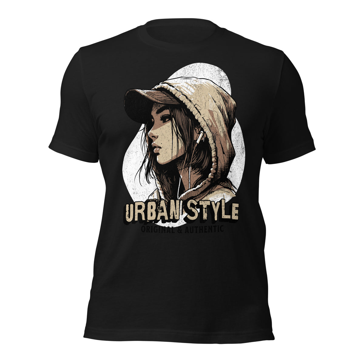 Women's black graphic tee with hooded portrait print and URBANSTYLE text