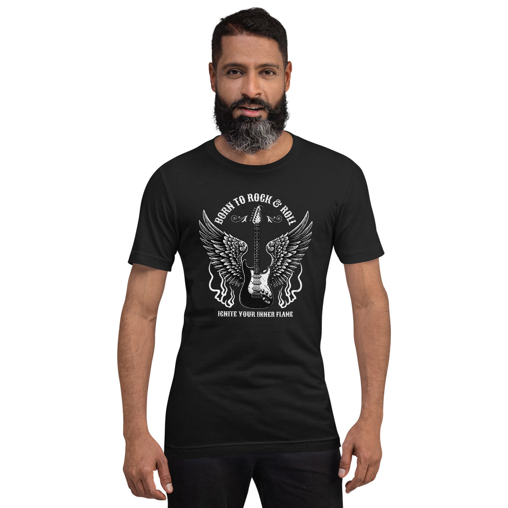 Black graphic tee with guitar-and-wings front print on a male model