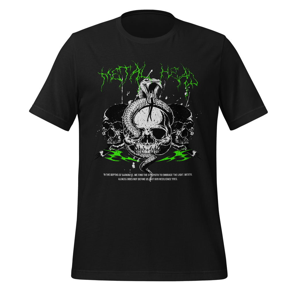 Metal head graphic tee in vintage black with neon skull artwork on front