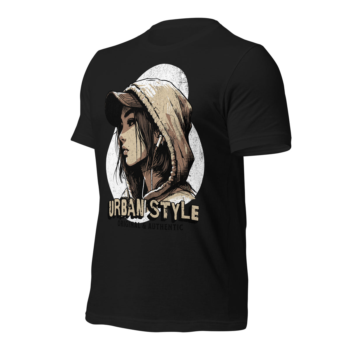 Women's black graphic tee with hooded portrait print on the back