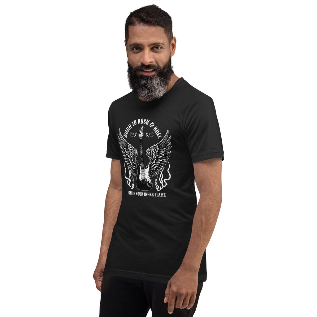 Black graphic tee with guitar-and-wings front print on a male model