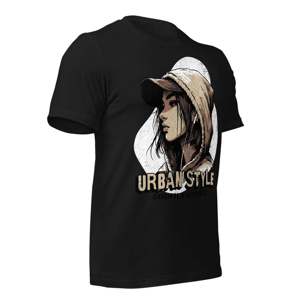 Women's black graphic tee with hooded portrait print and URBANSTYLE text