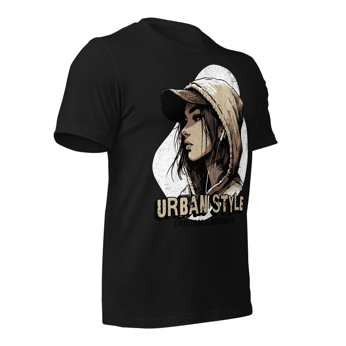 Women's black graphic tee with hooded portrait print and URBANSTYLE text