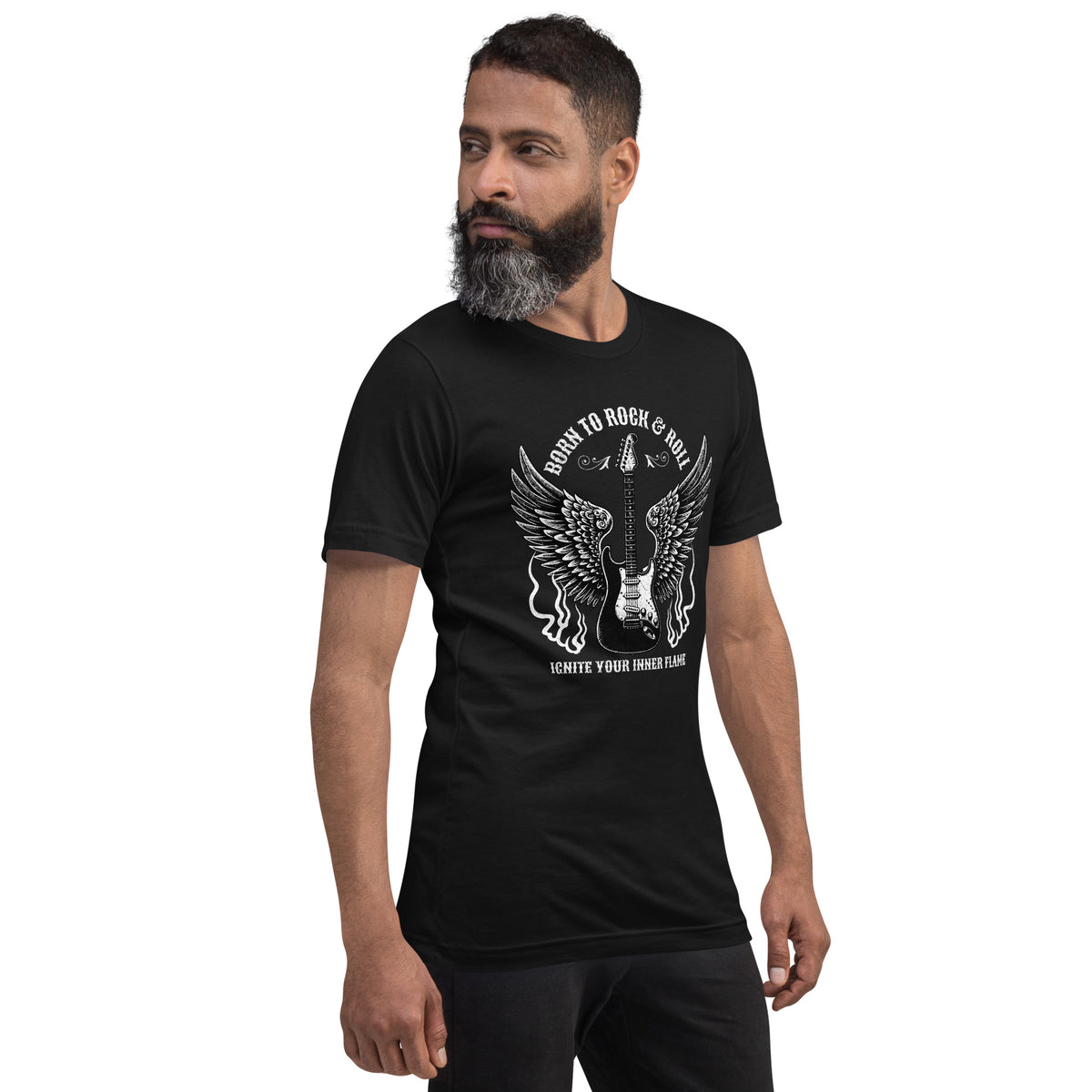 Black graphic tee with guitar-and-wings front print on a male model, angled