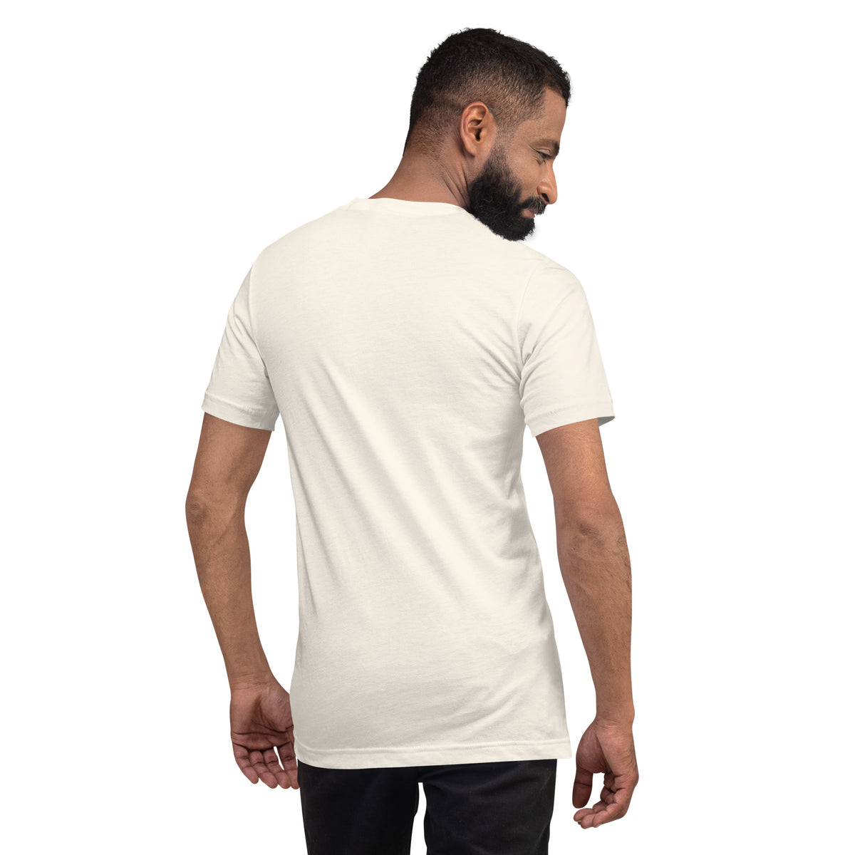 Vintage white crew-neck graphic tee, short sleeves, back view