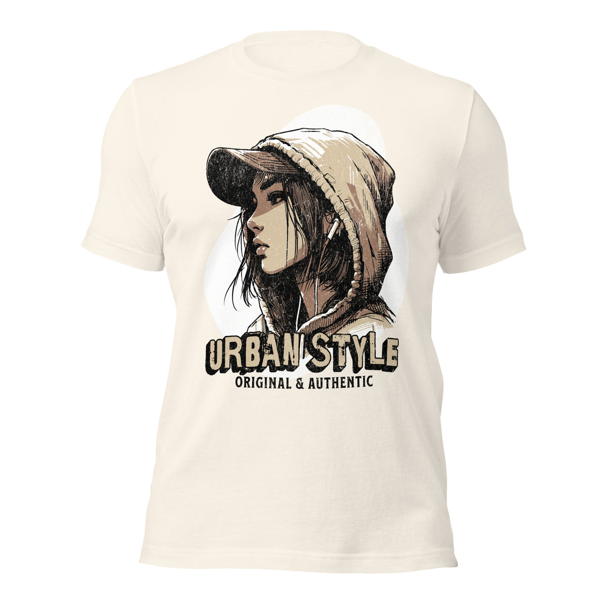 Women's white graphic tee with hooded portrait print and URBANSTYLE text