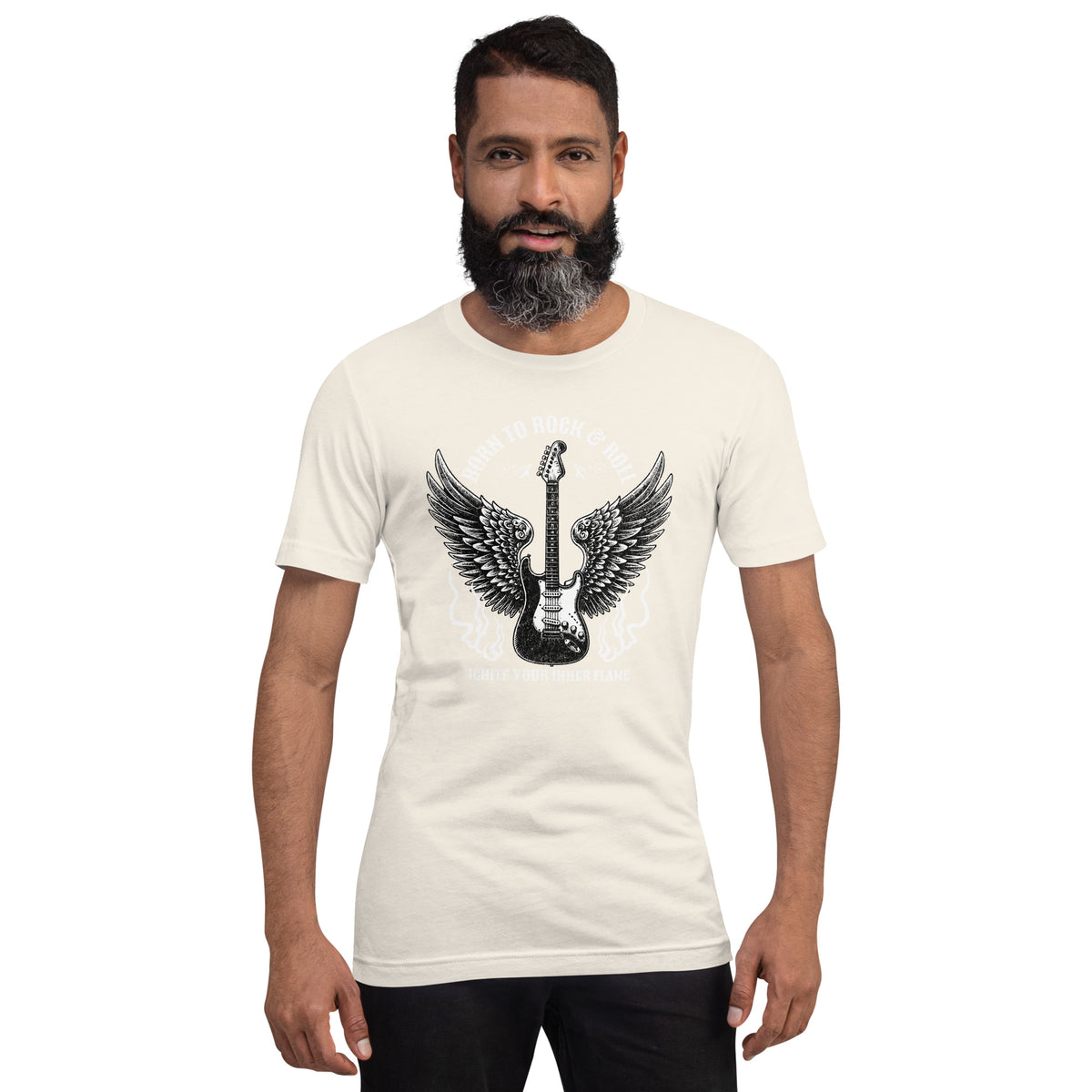 Vintage white graphic guitar tee with winged emblem, crew neck, short sleeves