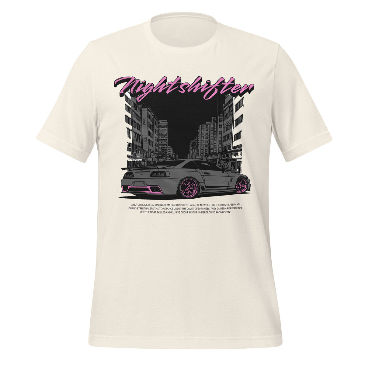 Vintage white graphic T-shirt with Nightshifter logo and city car print on the front