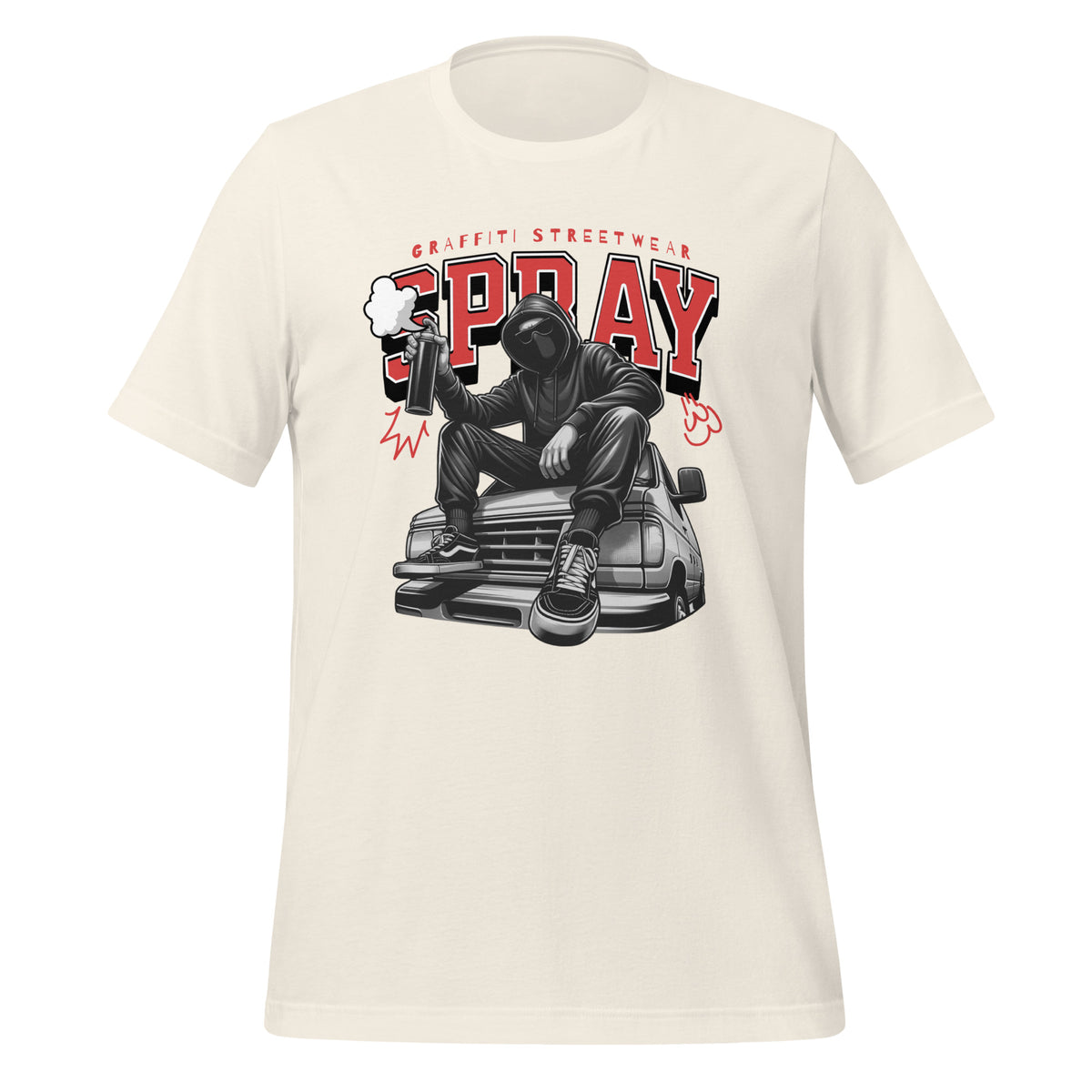 Vintage white graphic T-shirt with streetwear 'SPRAY' print, short sleeves, crew neck.
