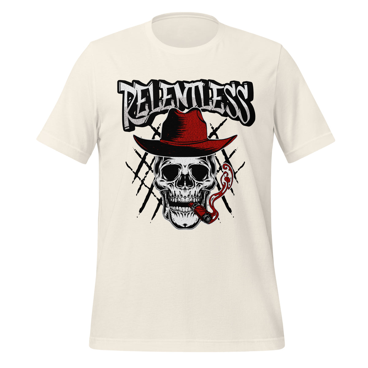 Vintage white crewneck graphic T-shirt with cowboy skull and red hat print