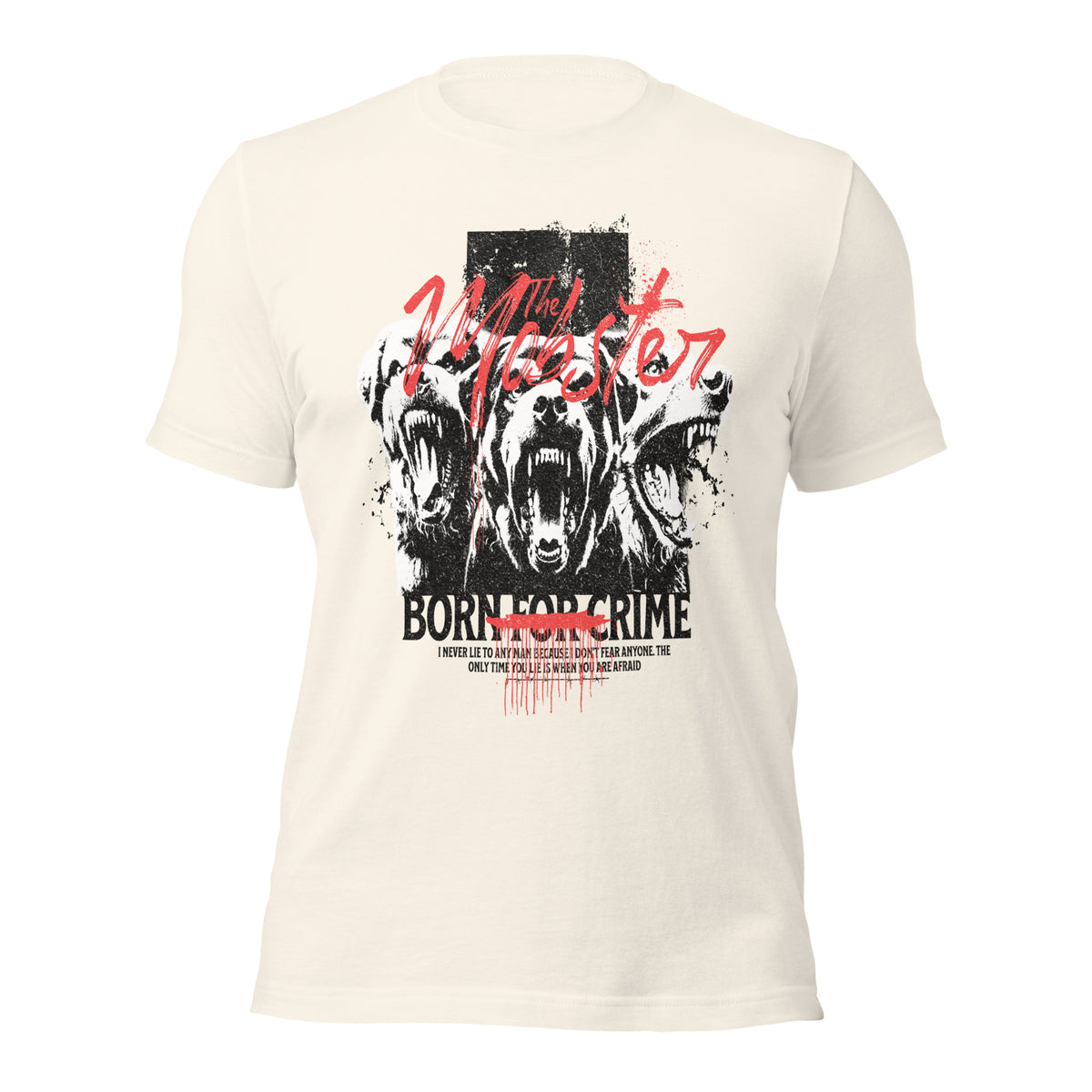 Vintage white unisex graphic t-shirt with animal face print and “Born for Crime”
