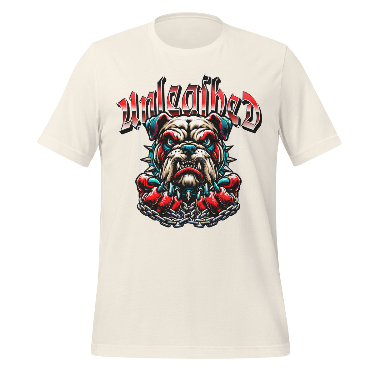 Vintage white graphic tee with snarling bulldog front print and chain details