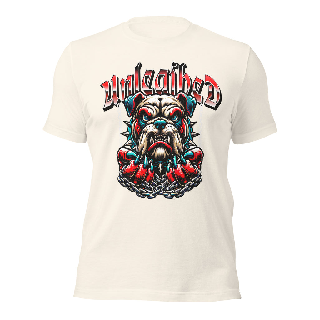 Unleashed graphic tee, vintage white; front bulldog graphic with chains