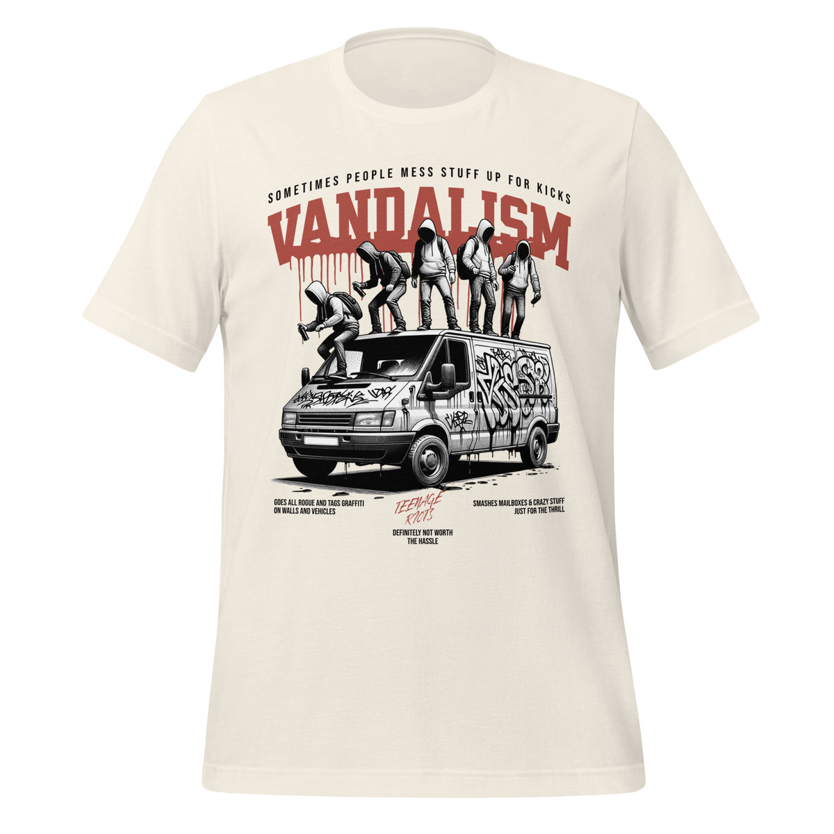 Vintage white graphic tee with front illustration and red VANDALISM text