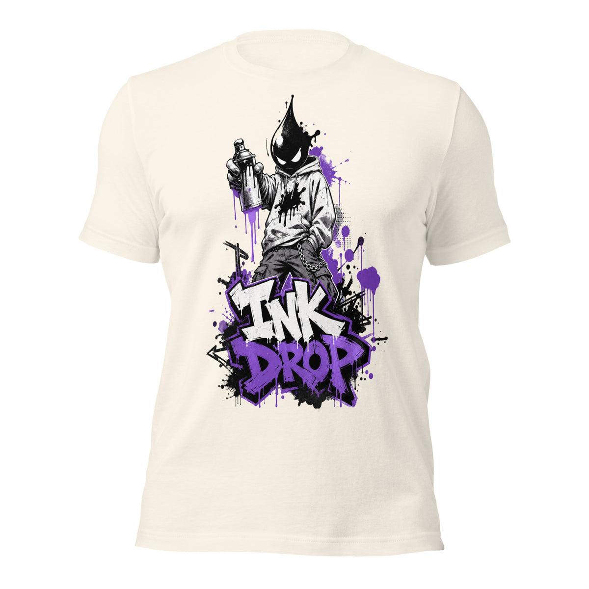 Women’s vintage white graphic tee with purple “INK DROP” front print