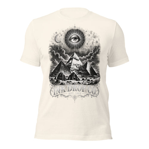 Women’s graphic T-shirt, vintage white, front eye and pyramid illustration