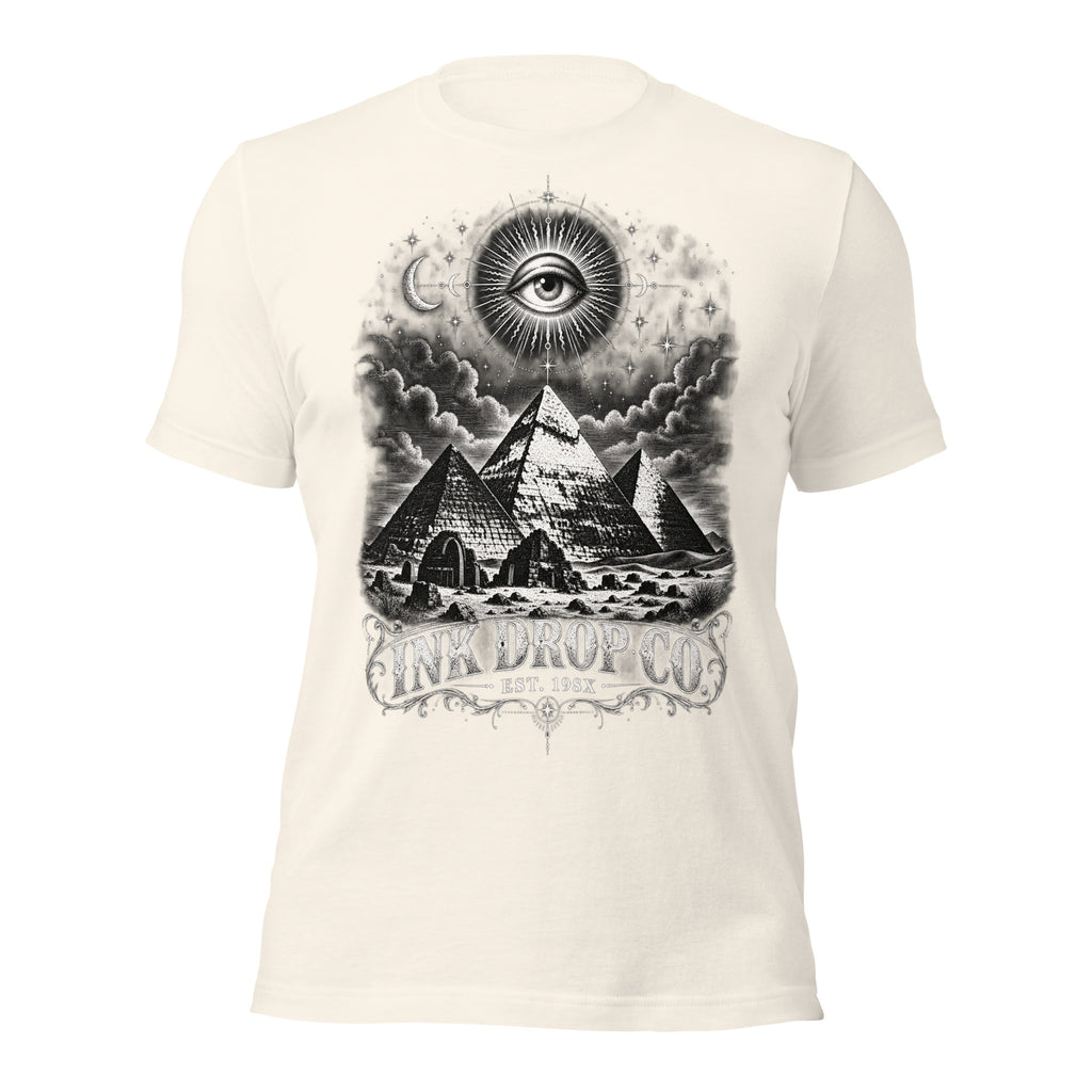 Vintage white unisex T-shirt with eye-and-pyramid graphic on front