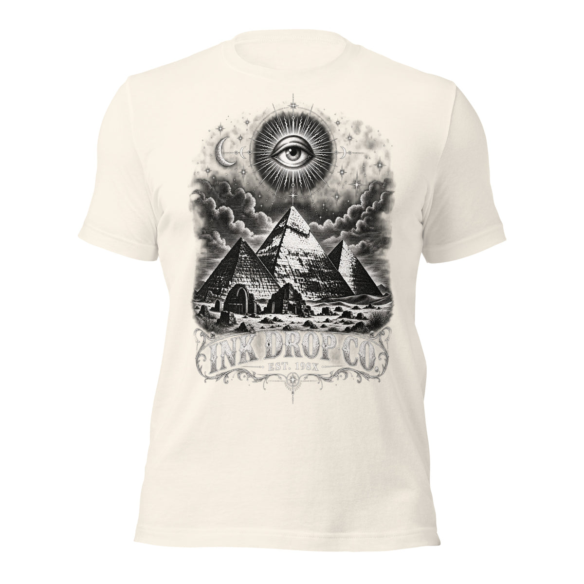 Vintage white unisex T-shirt with eye-and-pyramid graphic on front