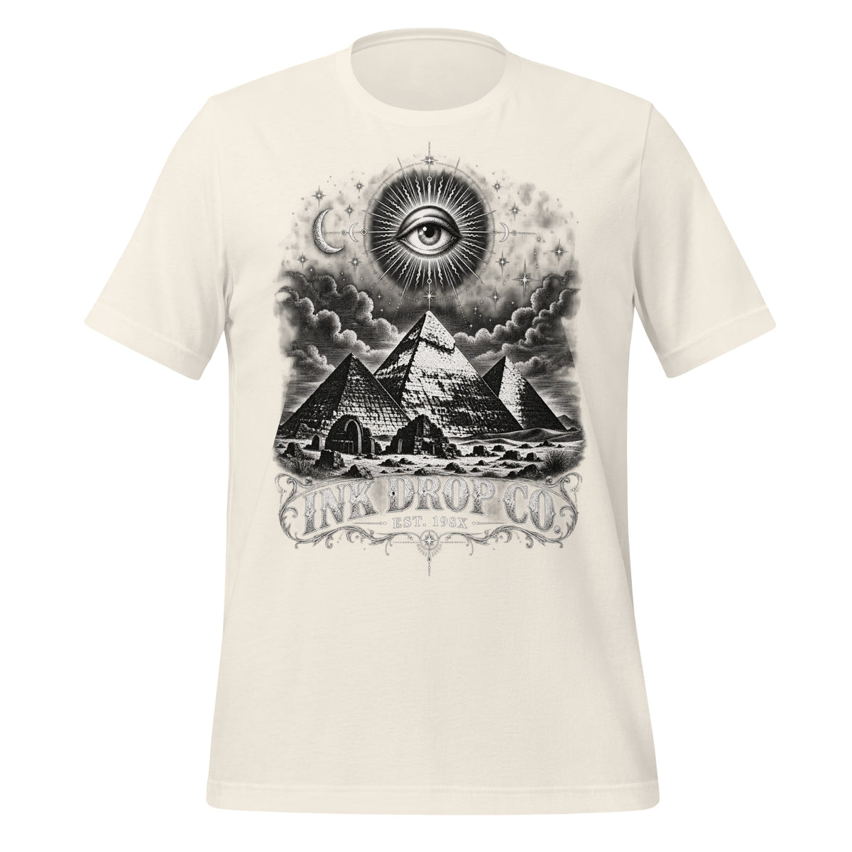 Unisex vintage white T-shirt with front graphic of eye, pyramids, and clouds
