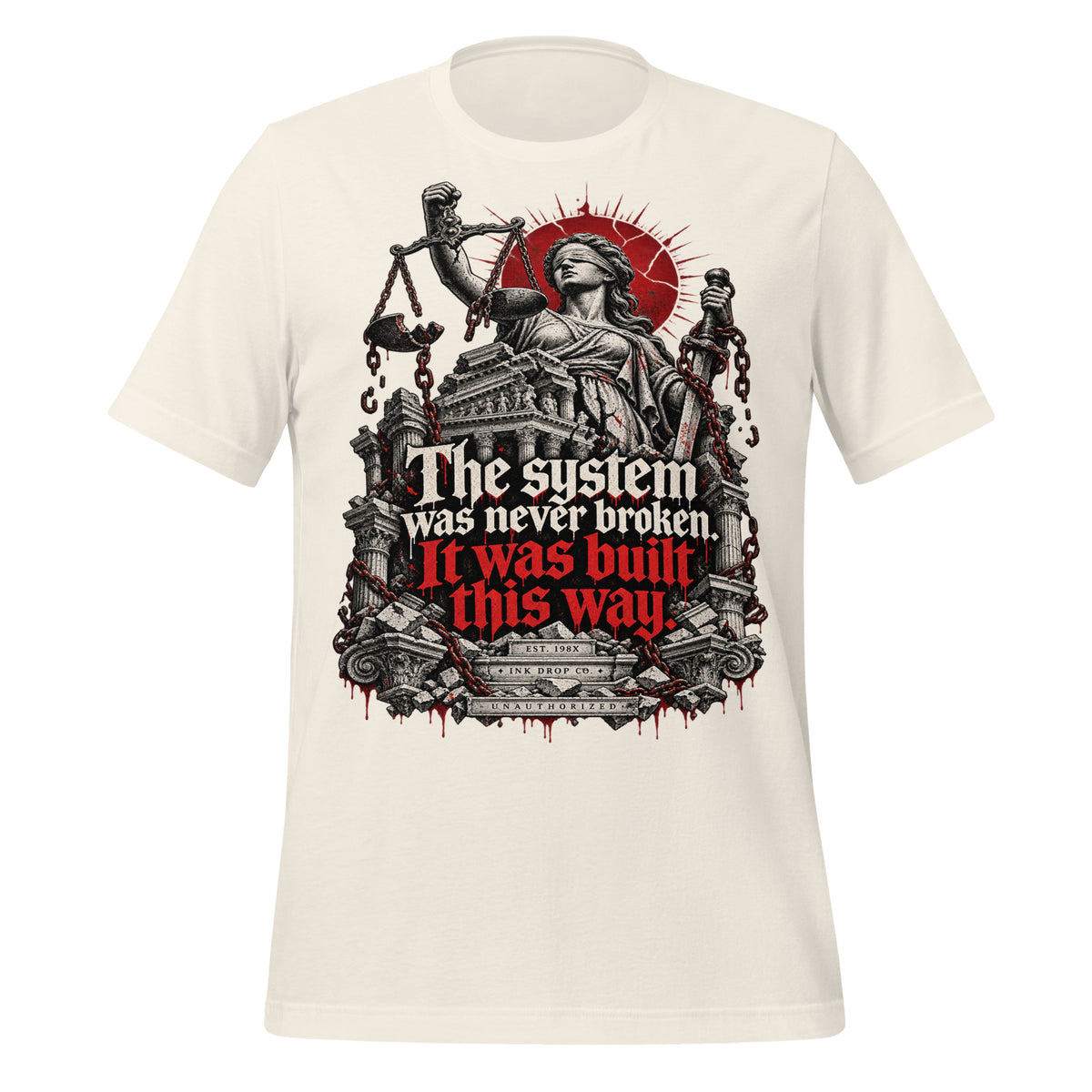 Vintage white graphic tee with Lady Justice scales and red quote print