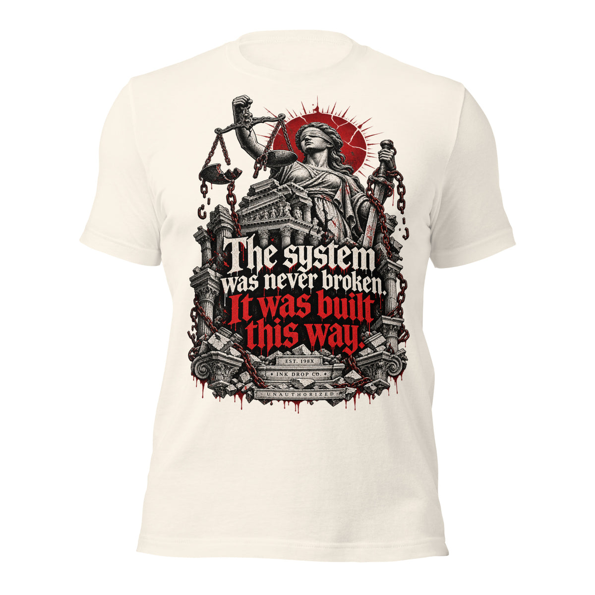 Women's vintage white graphic justice tee, front view with Lady Justice scales and red text