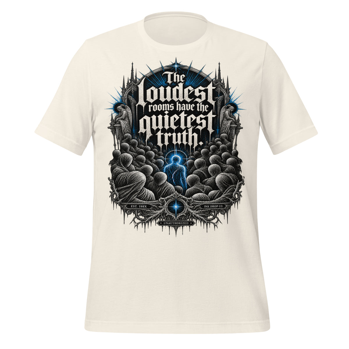 Men's gothic graphic tee, vintage white, front skull-tree print with blue text