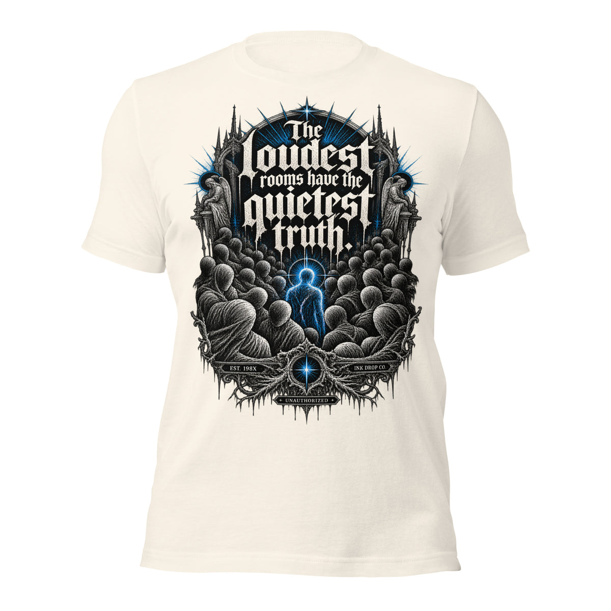 Women’s gothic graphic t-shirt, vintage white, front chest print with blue accents