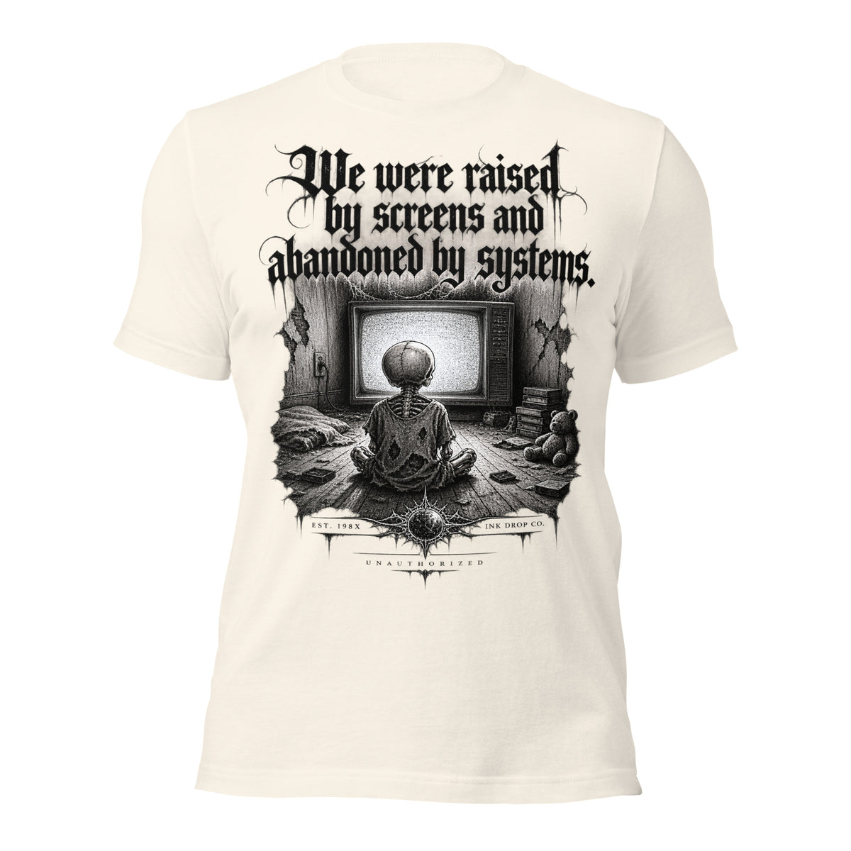 Women’s graphic tee in vintage white with front text and framed surreal artwork print
