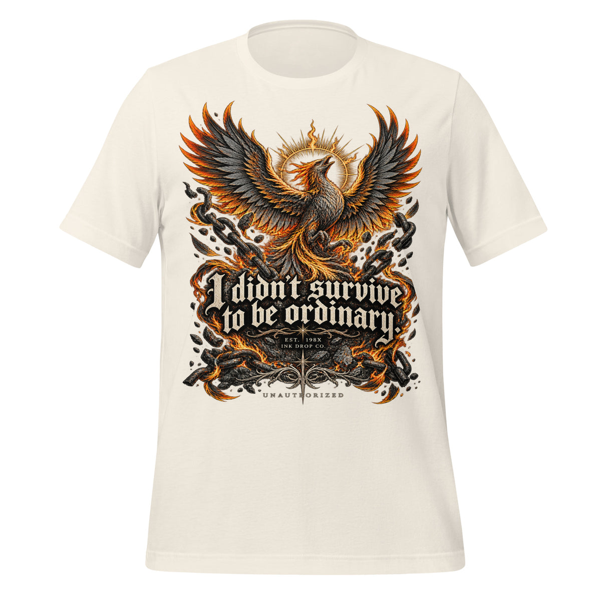 Men's vintage white graphic T-shirt with fiery eagle wings and front slogan print