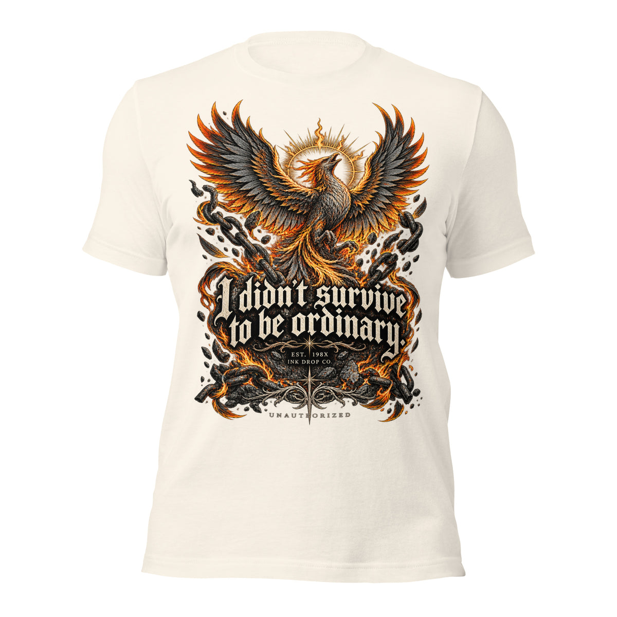 Women’s graphic tee, vintage white, front eagle wings graphic with “I didn’t survive…” slogan