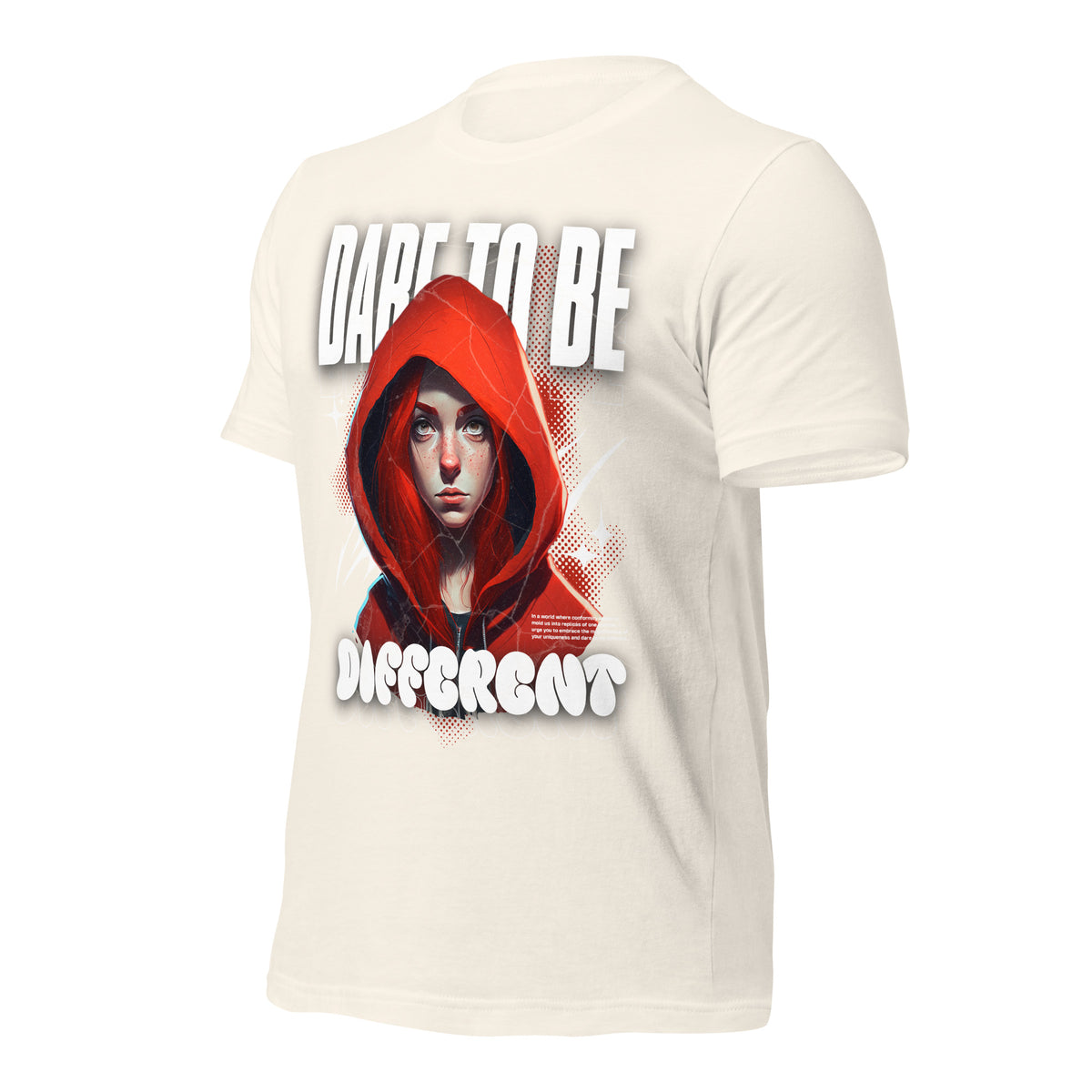 Vintage white graphic tee with hooded woman print on back, short sleeves