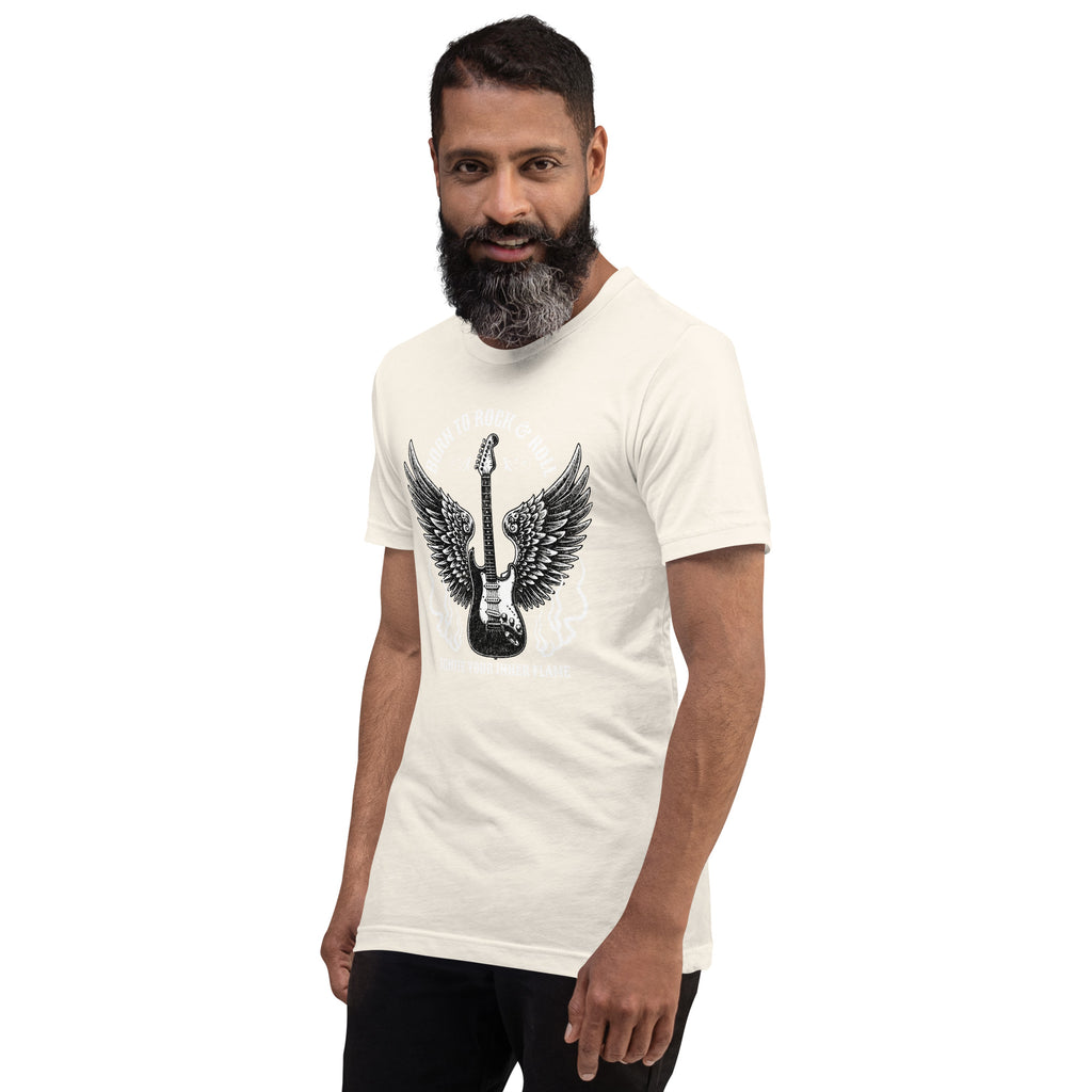 Vintage white graphic guitar T-shirt with winged emblem and text, crew neck