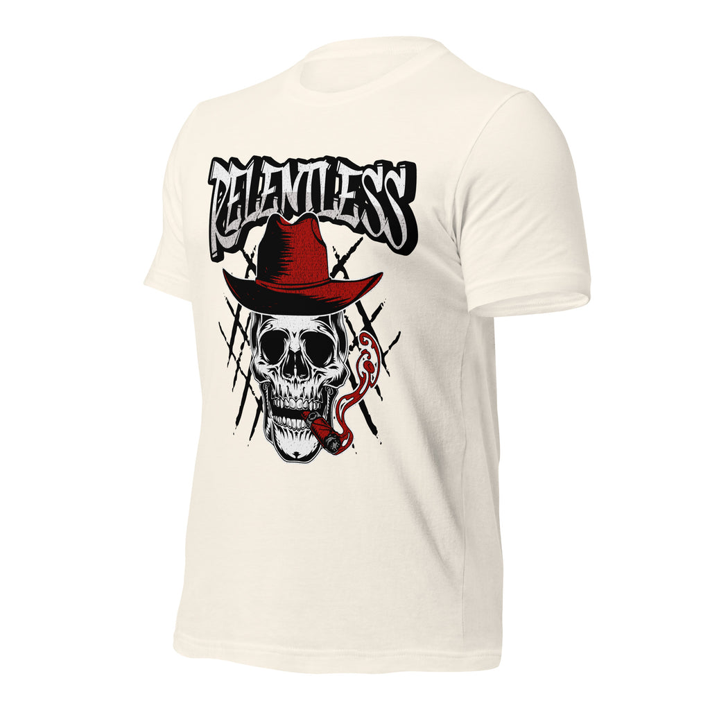 Vintage white unisex graphic tee with skull-and-hat back print