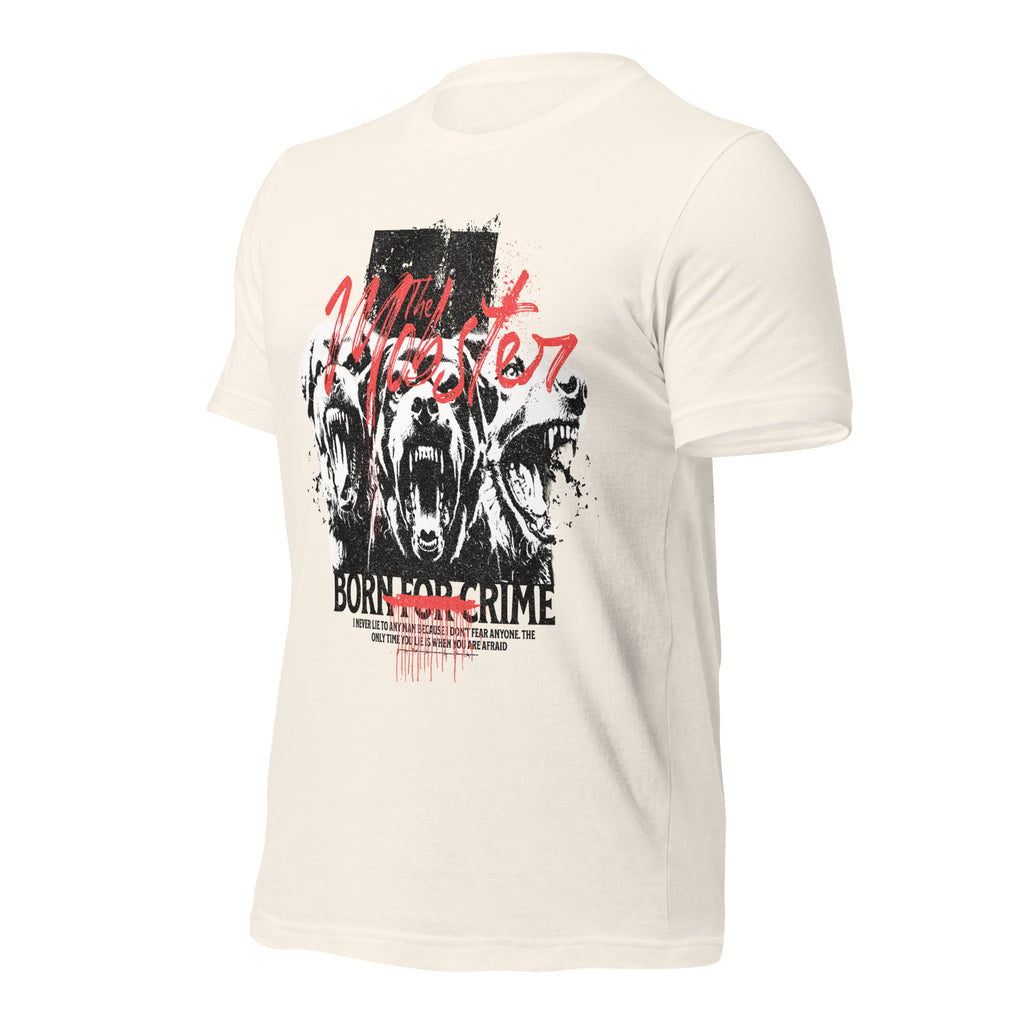 Vintage white unisex graphic t-shirt with “Born for Crime” text and animal face print