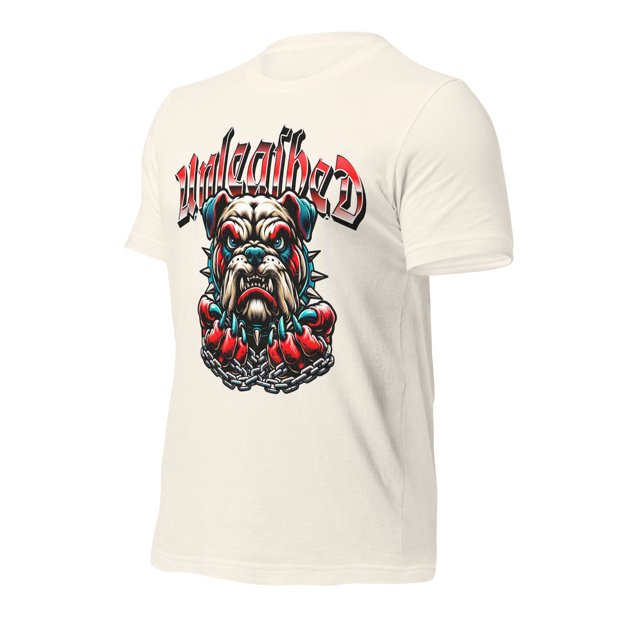 Unleashed graphic tee, vintage white; back shows bulldog graphic