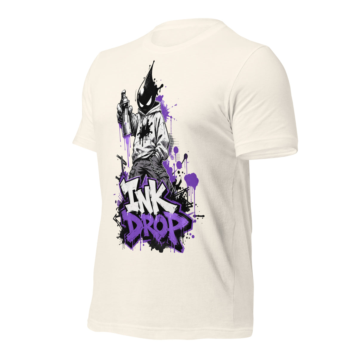 Women's graphic tee, vintage white, purple ink splash print on front