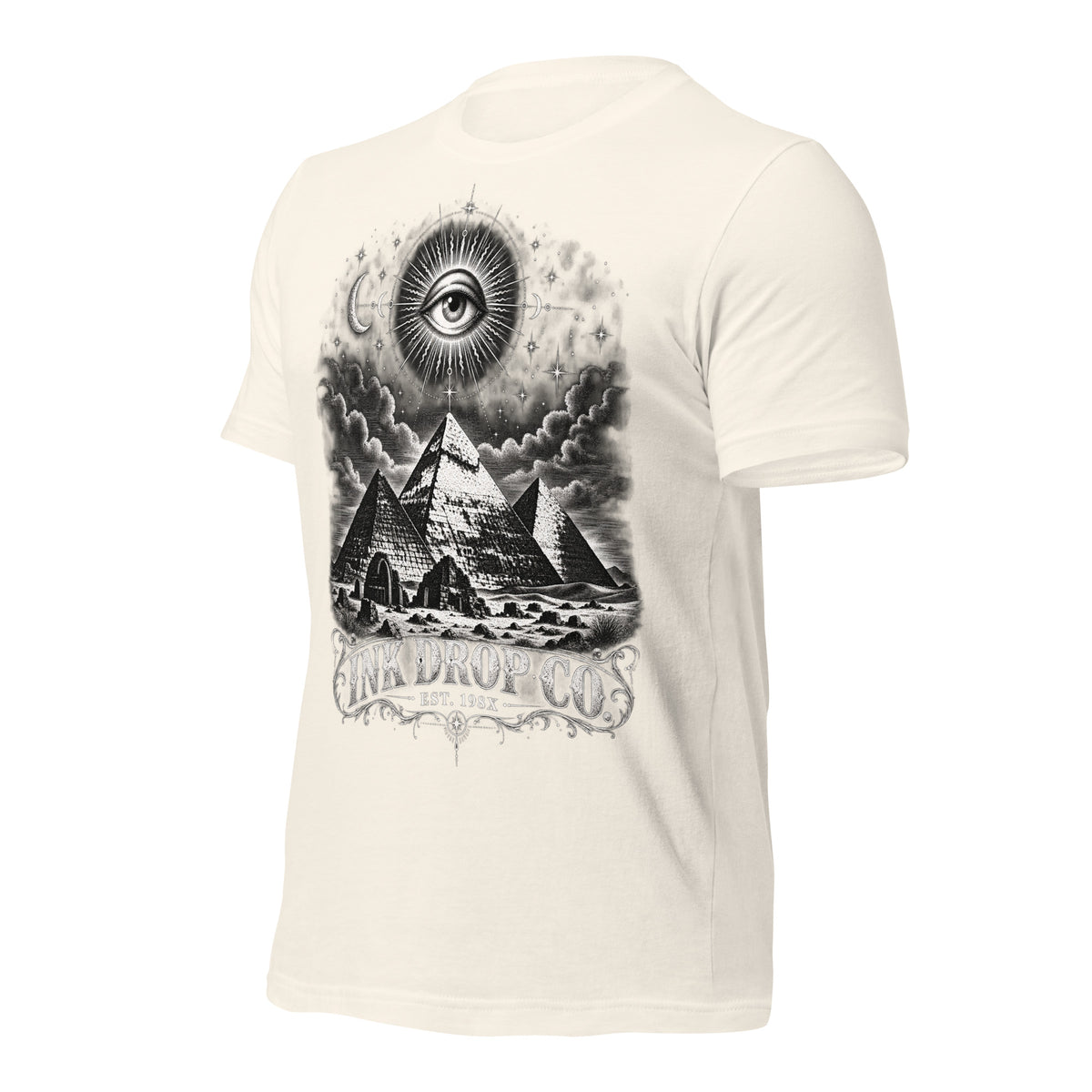 Women’s vintage white crew-neck T-shirt with back pyramid and eye graphic print