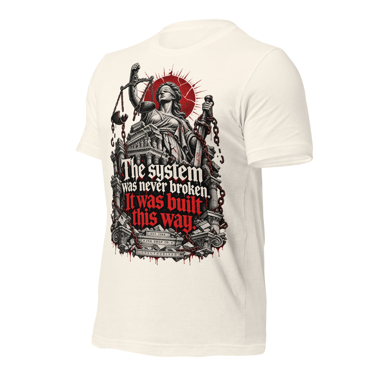 Women’s white graphic justice tee with Lady Justice statue and red chain text on back
