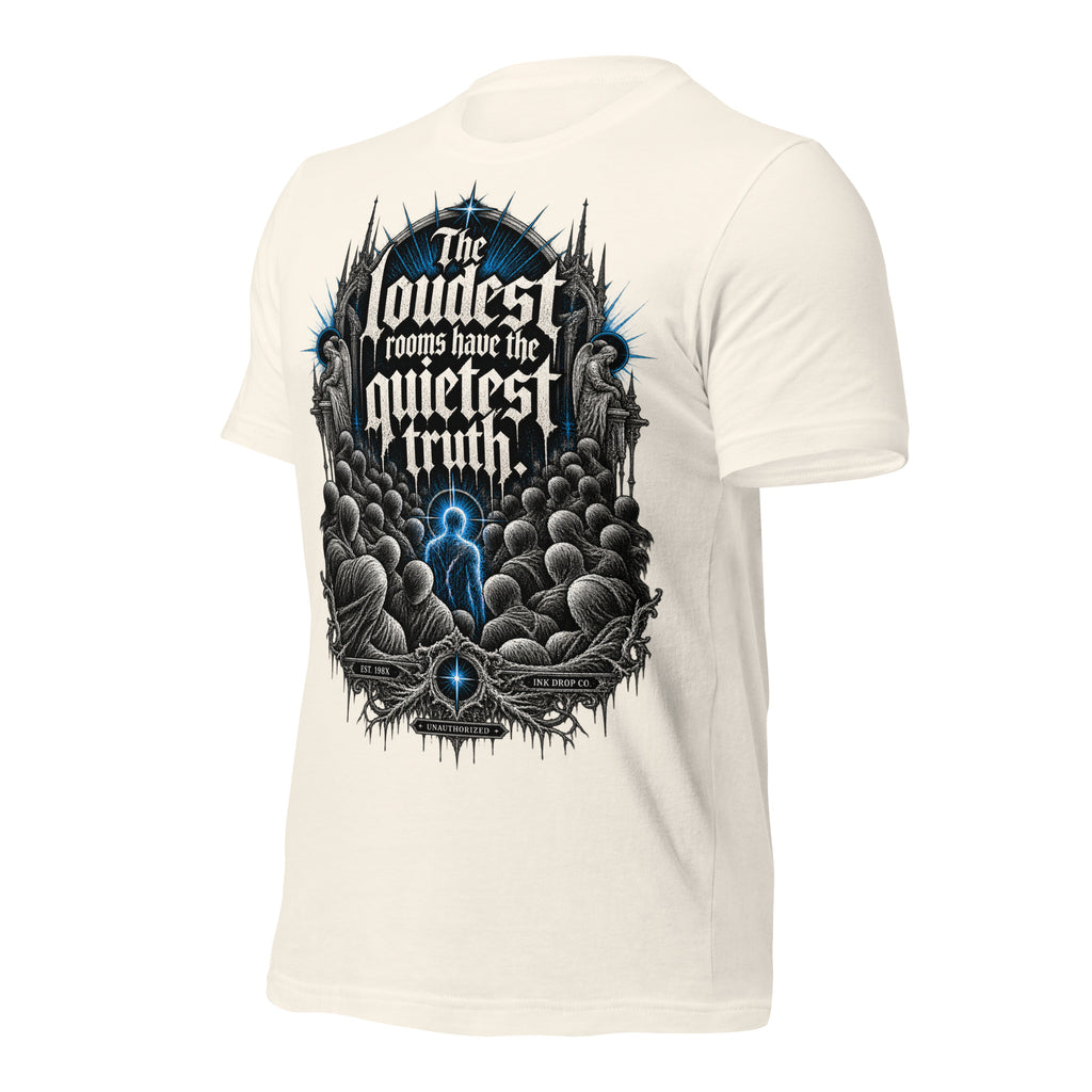 Women’s gothic tee in vintage white, large back graphic in black/blue