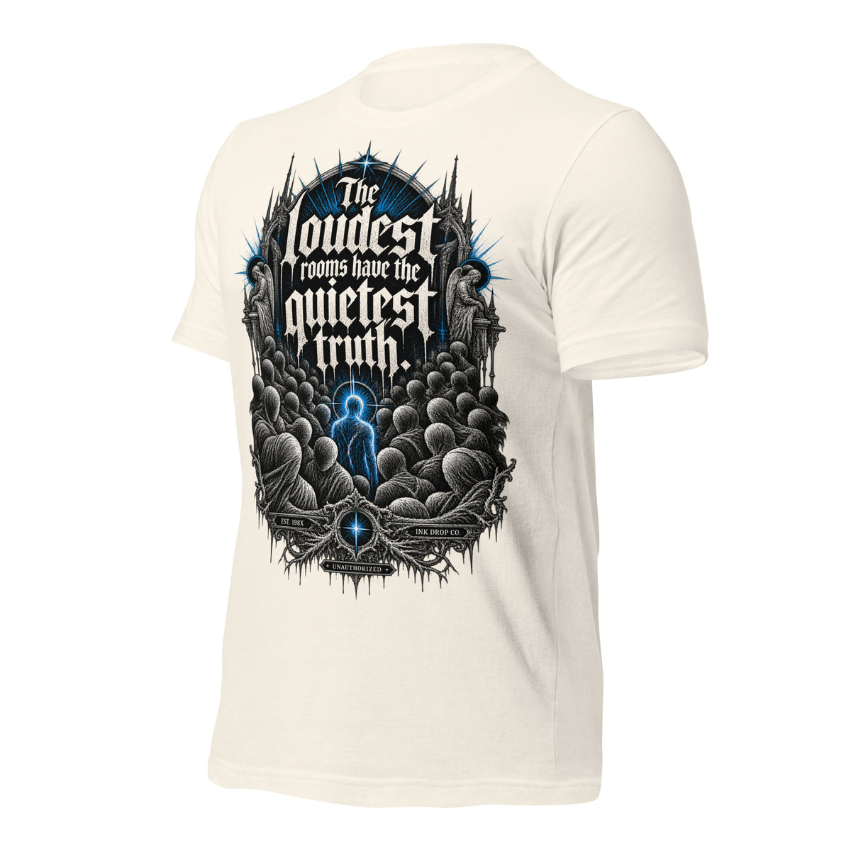 Women’s gothic tee in vintage white, large back graphic in black/blue