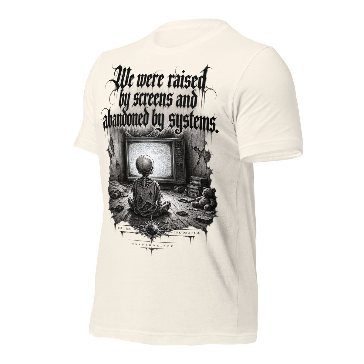 Women’s graphic tee in vintage white, back print with gothic scene and text
